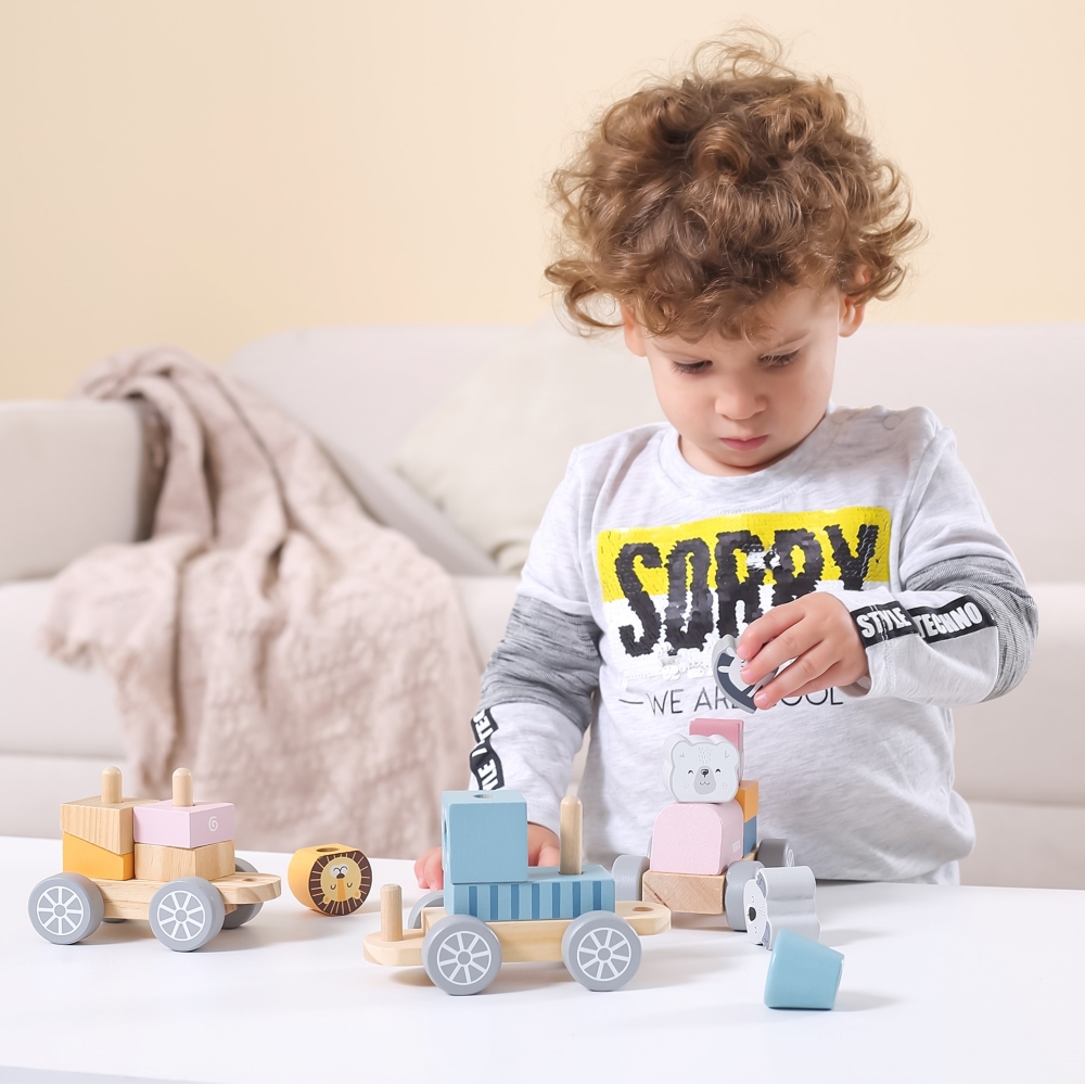 Medinis traukinukas su vagonais ir Montessori gyvūnais VIGA PolarB-Žaislai, Kūdikiams, Žaislai mažyliams (iki 4 m.