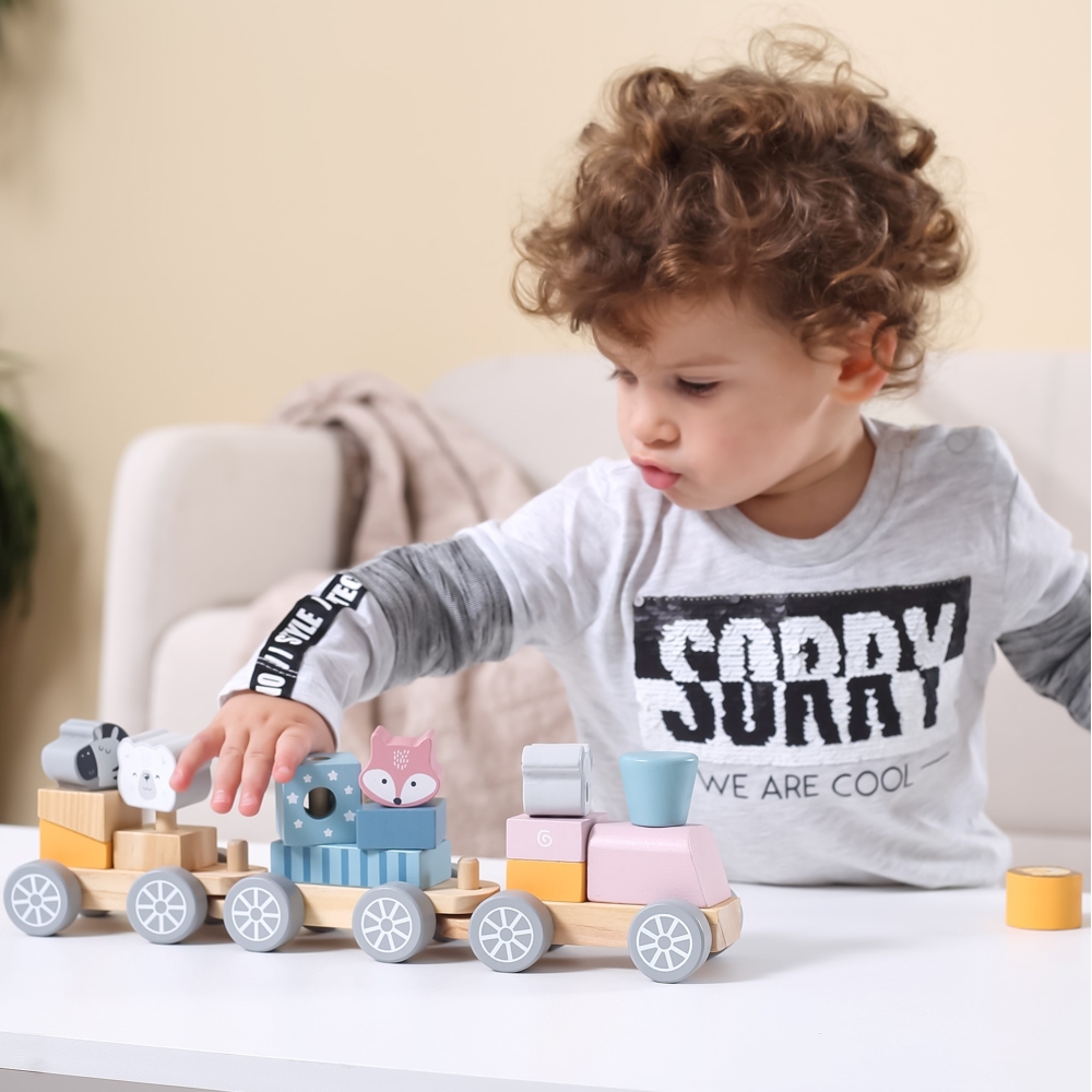 Medinis traukinukas su vagonais ir Montessori gyvūnais VIGA PolarB-Žaislai, Kūdikiams, Žaislai mažyliams (iki 4 m.
