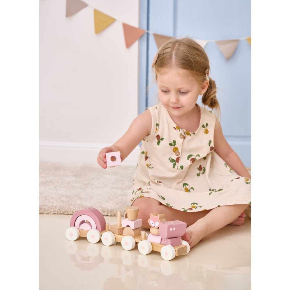 Medinis traukinys su vagonais ir blokais VIGA PolarB rožinis