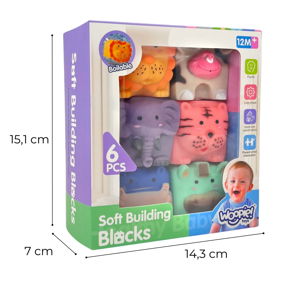 Sensoriniai blokeliai WOOPIE BABY Gyvūnai dėlionė su garsais, 6 vnt-Žaislai, Kūdikiams, Žaislai mažyliams (iki 4 m.