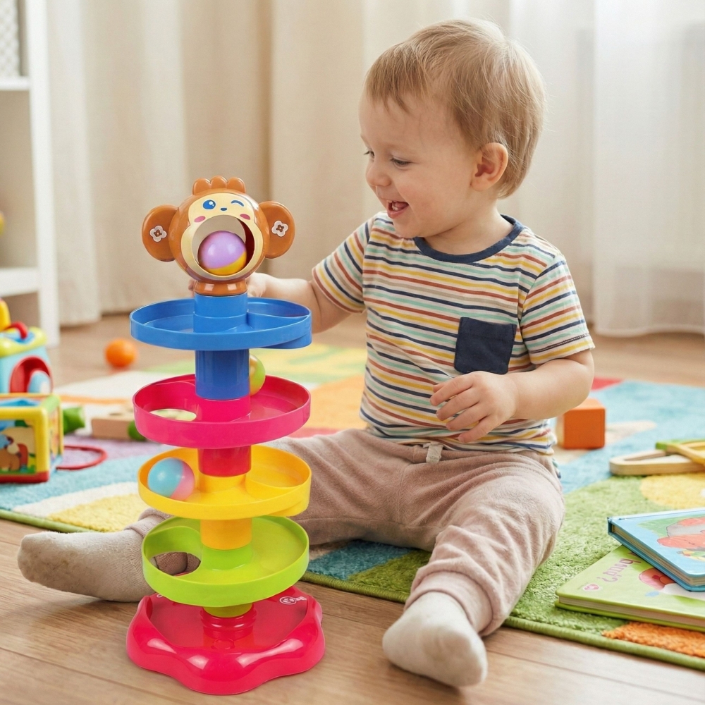 Kamuoliuko takelis Beždžionė WOOPIE BABY Spiralinis bokštas + 3 kamuoliukai