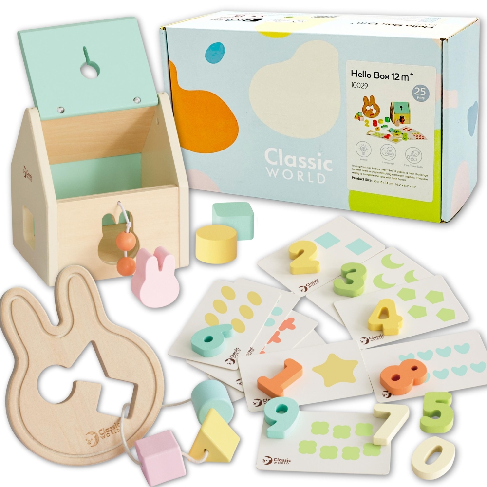 CLASSIC WORLD Pastelinių kūdikių dėžučių rinkinys Pirmieji mokymosi žaislai nuo 12 iki 18 mėnesių