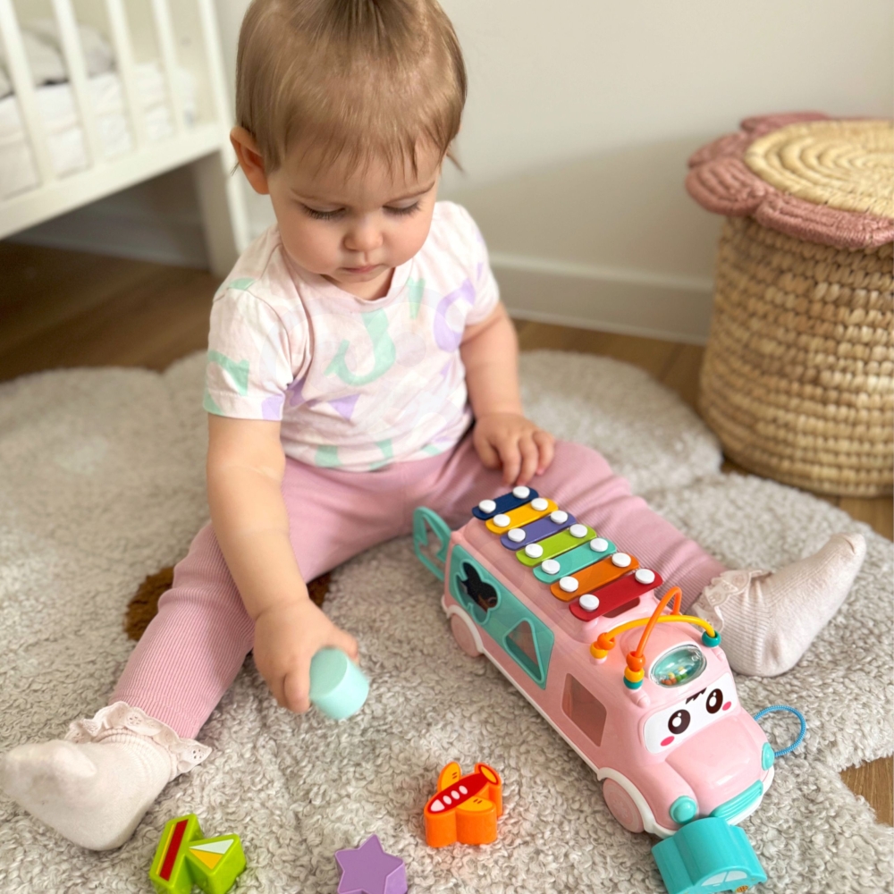Muzikinis automobilis rūšiuoklis WOOPIE BABY su cimbolais, rožinis-Žaislai, Kūdikiams, Žaislai mažyliams (iki 4 m.