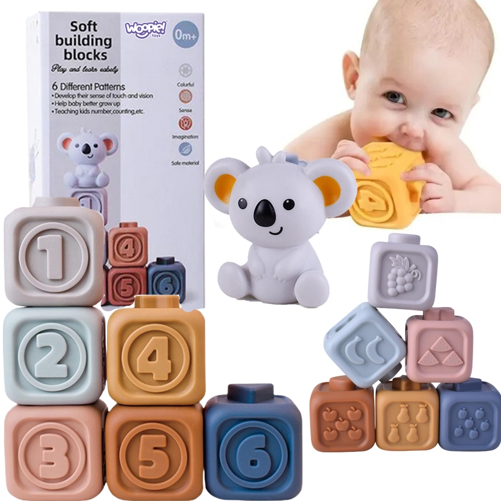 WOOPIE BABY Edukacinis piramidžių rinkinys Sensoriniai blokai 2in1 kramtukai
