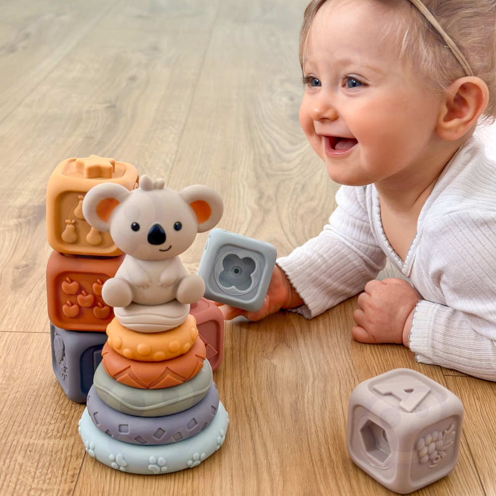 Minkštų guminių sensorinių kaladėlių rinkinys WOOPIE BABY 3-in-1 su meškiuku-Žaislai, Kūdikiams, Žaislai mažyliams (iki 4 m.
