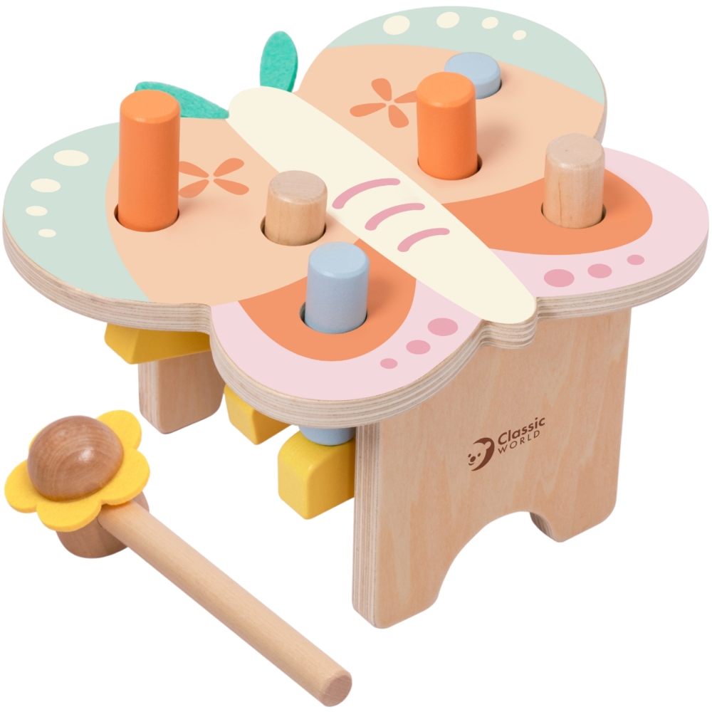 Medinis pastelinis drugelio ir plaktuko žaidimas CLASSIC WORLD Montessori-Žaislai, Kūdikiams, Mediniai, Žaislai mažyliams (iki 4
