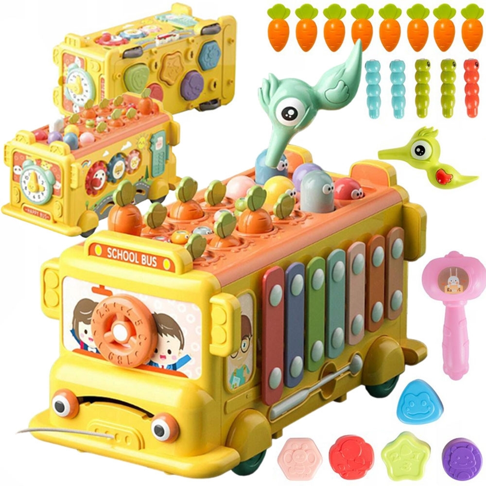 Interaktyvus autobusas – mokomasis rinkinys WOOPIE BABY 6-in-1 su plaktuku ir cimbolais Montessori +18 mėn.