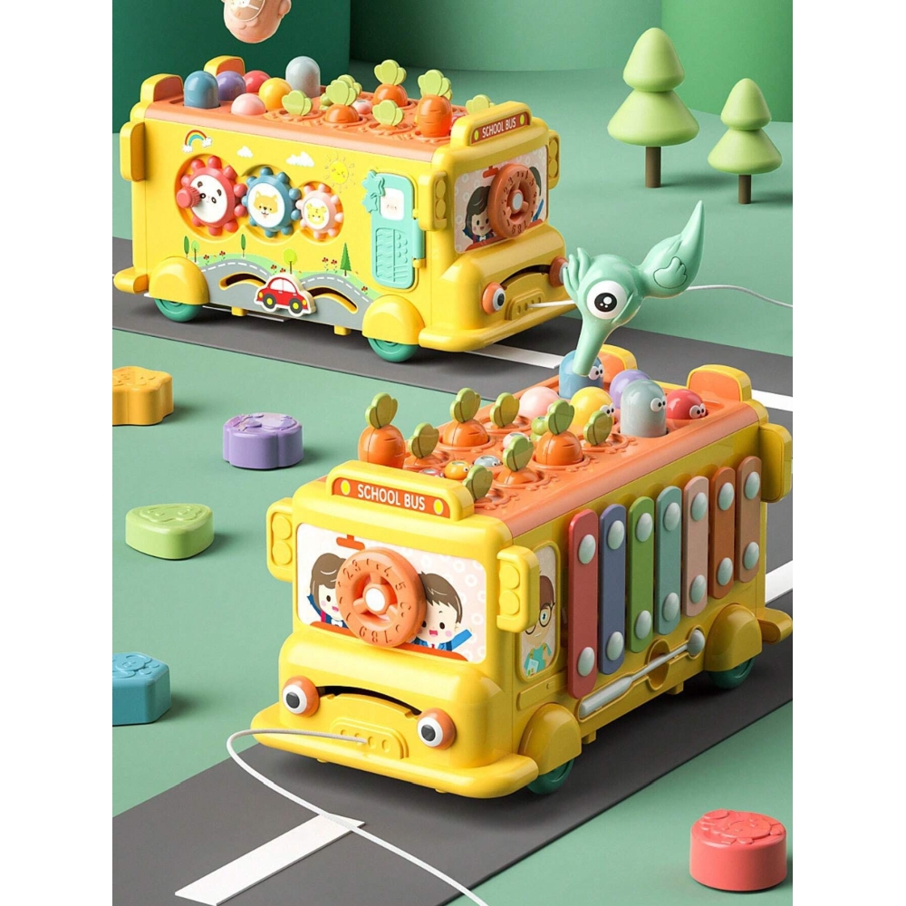 Interaktyvus autobusas – mokomasis rinkinys WOOPIE BABY 6-in-1 su plaktuku ir cimbolais Montessori +18 mėn.