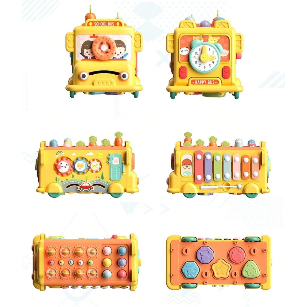 Interaktyvus autobusas – mokomasis rinkinys WOOPIE BABY 6-in-1 su plaktuku ir cimbolais Montessori +18 mėn.