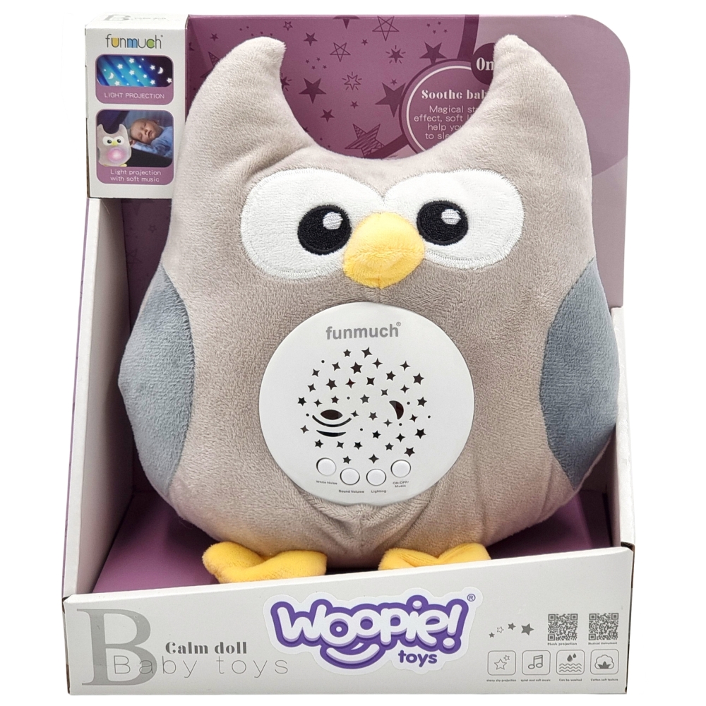 WOOPIE BABY pliušinis 2-in-1 projektoriaus pelėda - 10 lopšinių-Miegui, Migdukai ir karuselės, Miego žaislai-e-vaikas