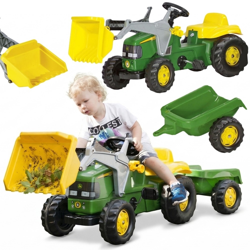 Pedalinis traktorius su kaušu ir priekaba Rolly Toys RollyKid John Deere, žalias-Judėjimui, Minami traktoriai ir jų priedai-e-va