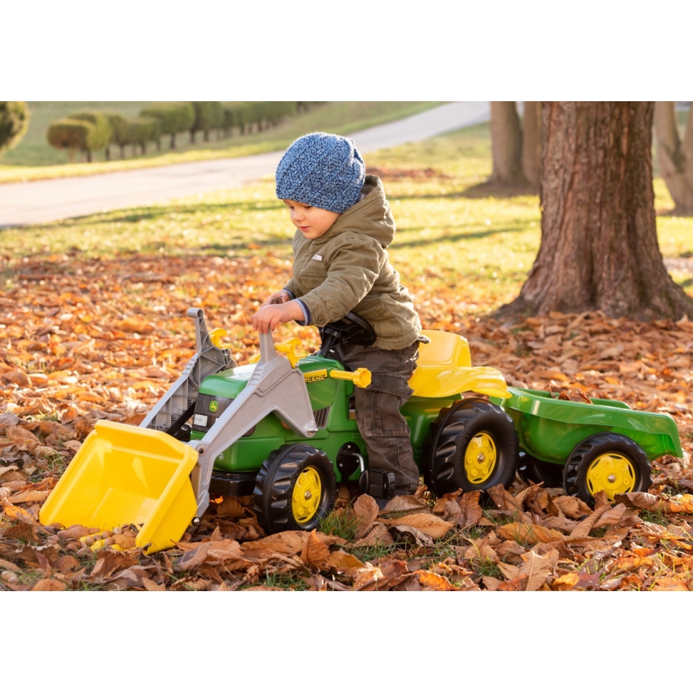 Pedalinis traktorius su kaušu ir priekaba Rolly Toys RollyKid John Deere, žalias-Judėjimui, Minami traktoriai ir jų priedai-e-va