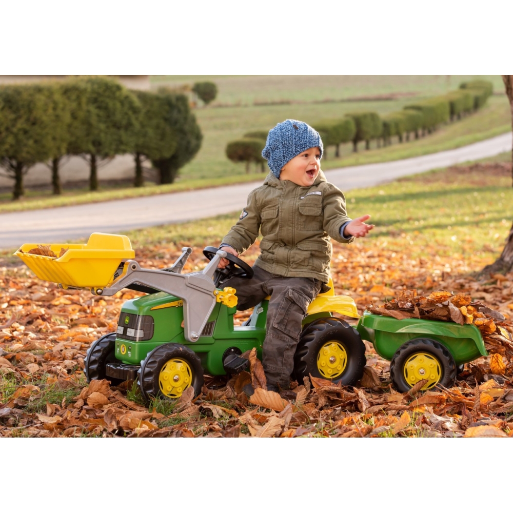 Pedalinis traktorius su kaušu ir priekaba Rolly Toys RollyKid John Deere, žalias-Judėjimui, Minami traktoriai ir jų priedai-e-va