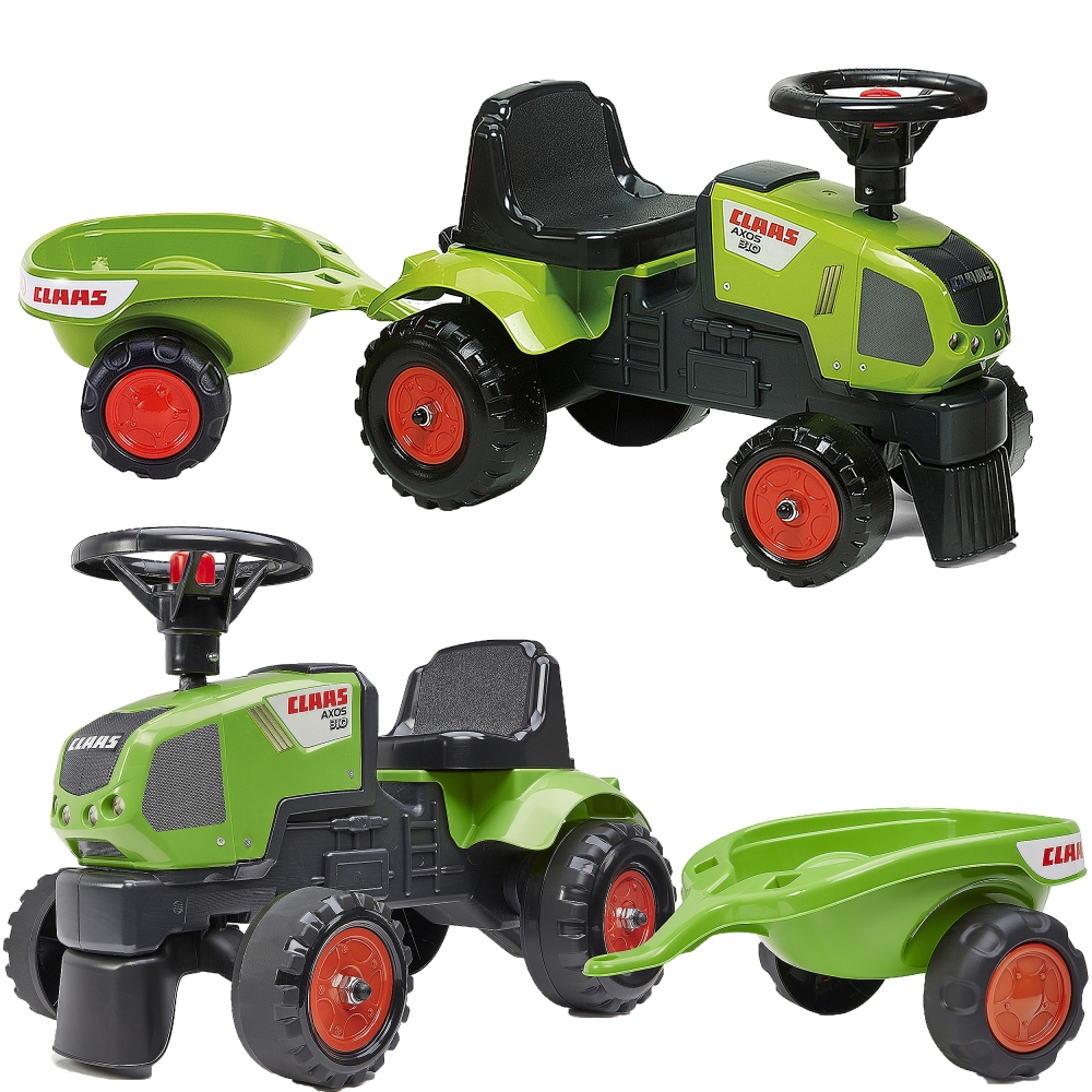 Paspiriamas traktorius su priekaba FALK Baby Claas Axos 310, žalias, nuo 1 metų-Judėjimui, Paspiriamosios mašinėlės ir jų prieda
