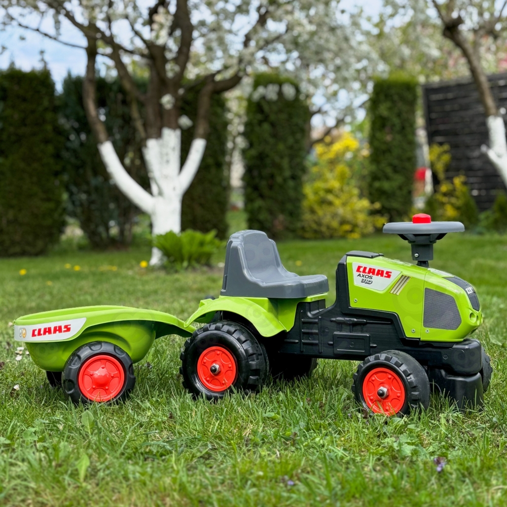 Paspiriamas traktorius su priekaba FALK Baby Claas Axos 310, žalias, nuo 1 metų-Judėjimui, Paspiriamosios mašinėlės ir jų prieda