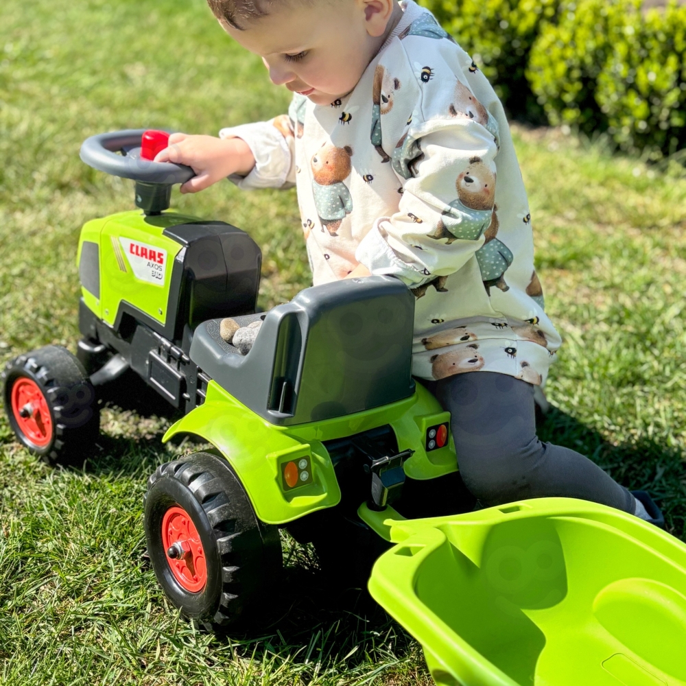 Paspiriamas traktorius su priekaba FALK Baby Claas Axos 310, žalias, nuo 1 metų-Judėjimui, Paspiriamosios mašinėlės ir jų prieda