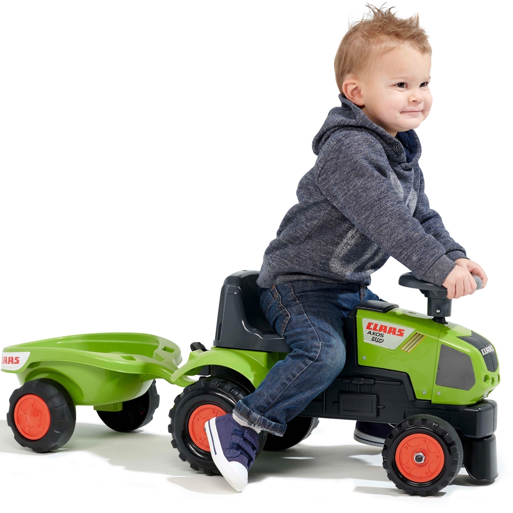 Paspiriamas traktorius su priekaba FALK Baby Claas Axos 310, žalias, nuo 1 metų-Judėjimui, Paspiriamosios mašinėlės ir jų prieda