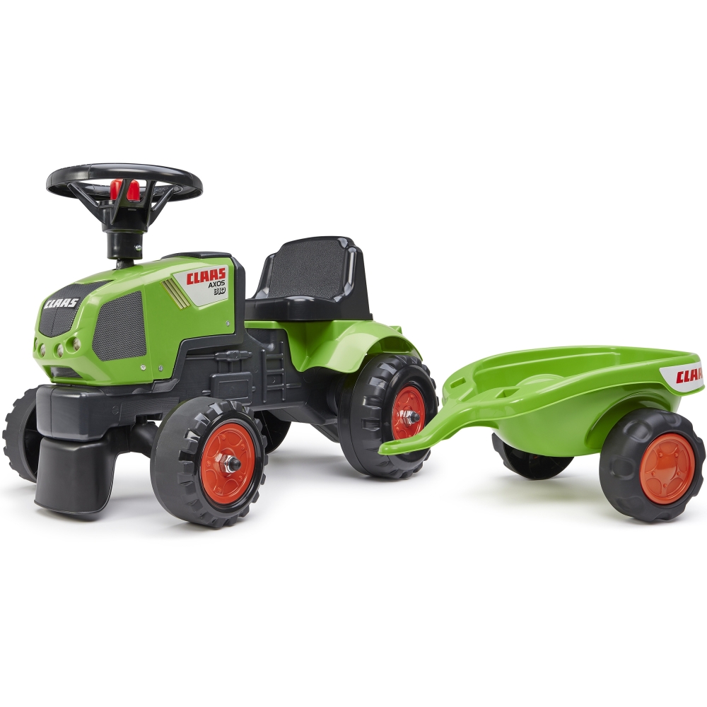 Paspiriamas traktorius su priekaba FALK Baby Claas Axos 310, žalias, nuo 1 metų-Judėjimui, Paspiriamosios mašinėlės ir jų prieda