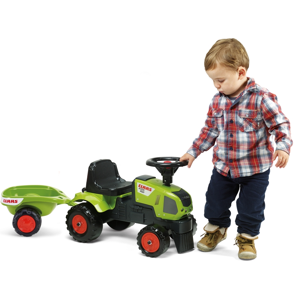 Paspiriamas traktorius su priekaba FALK Baby Claas Axos 310, žalias, nuo 1 metų-Judėjimui, Paspiriamosios mašinėlės ir jų prieda