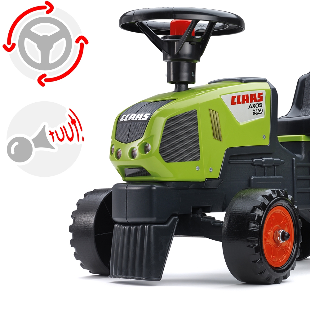 Paspiriamas traktorius su priekaba FALK Baby Claas Axos 310, žalias, nuo 1 metų-Judėjimui, Paspiriamosios mašinėlės ir jų prieda