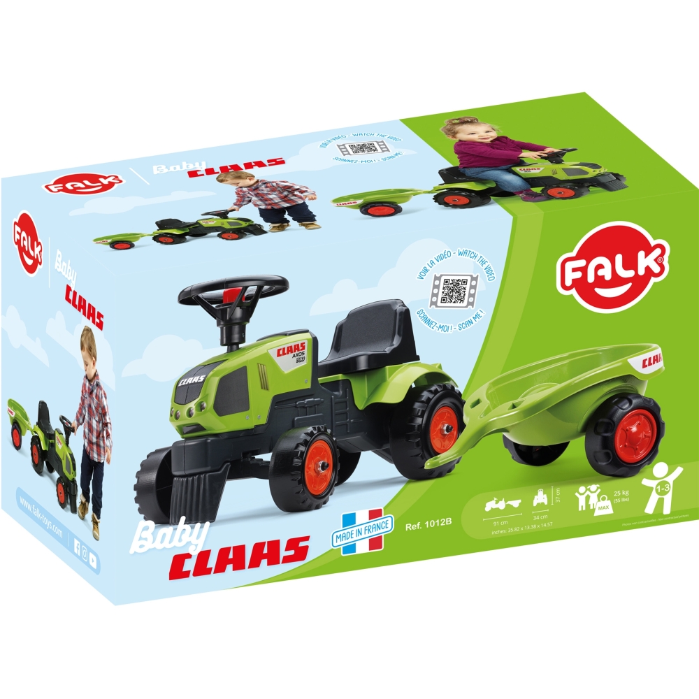 Paspiriamas traktorius su priekaba FALK Baby Claas Axos 310, žalias, nuo 1 metų-Judėjimui, Paspiriamosios mašinėlės ir jų prieda