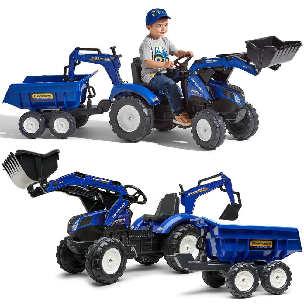 Pedalinis traktorius FALK New Holland su priekaba mėlynas nuo 3 metų-Judėjimui, Minami traktoriai ir jų priedai-e-vaikas