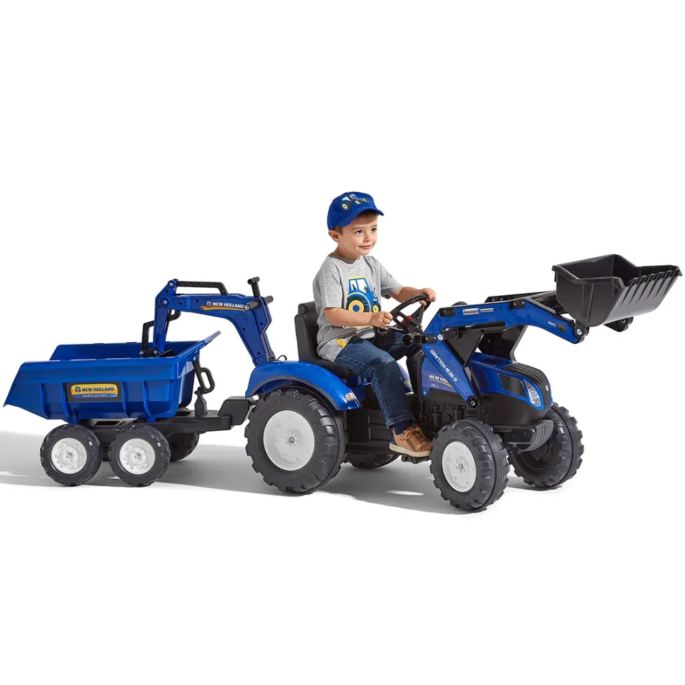 Pedalinis traktorius FALK New Holland su priekaba mėlynas nuo 3 metų-Judėjimui, Minami traktoriai ir jų priedai-e-vaikas