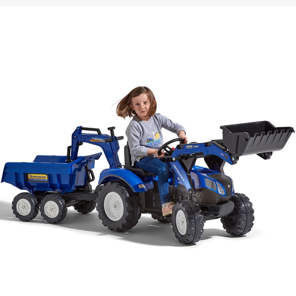 Pedalinis traktorius FALK New Holland su priekaba mėlynas nuo 3 metų-Judėjimui, Minami traktoriai ir jų priedai-e-vaikas