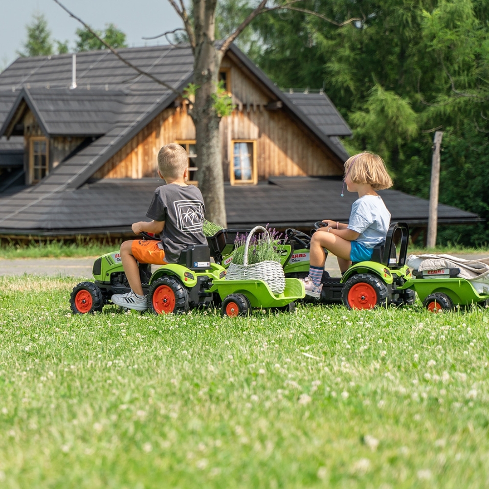 Pedalinis traktorius su priekaba FALK Claas nuo 2 metų žalias-Judėjimui, Minami traktoriai ir jų priedai-e-vaikas