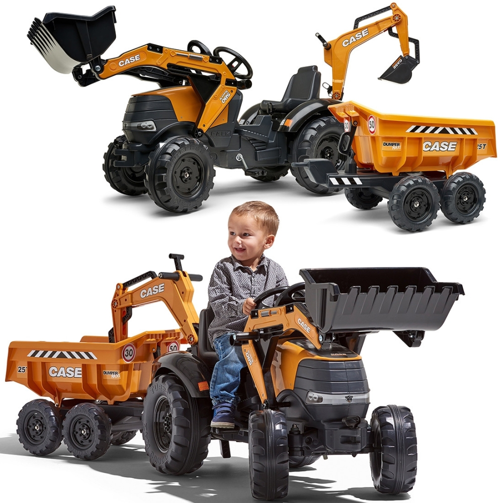 Pedalinis traktorius FALK Case IH ekskavatorius oranžinis su priekaba, judančiu kaušu nuo 3 metų-Judėjimui, Minami traktoriai ir