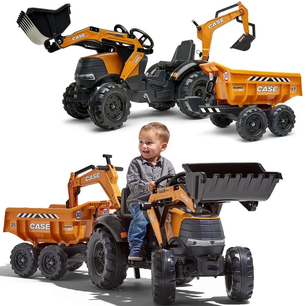 Pedalinis traktorius FALK Case IH ekskavatorius oranžinis su priekaba, judančiu kaušu nuo 3 metų-Judėjimui, Minami traktoriai ir
