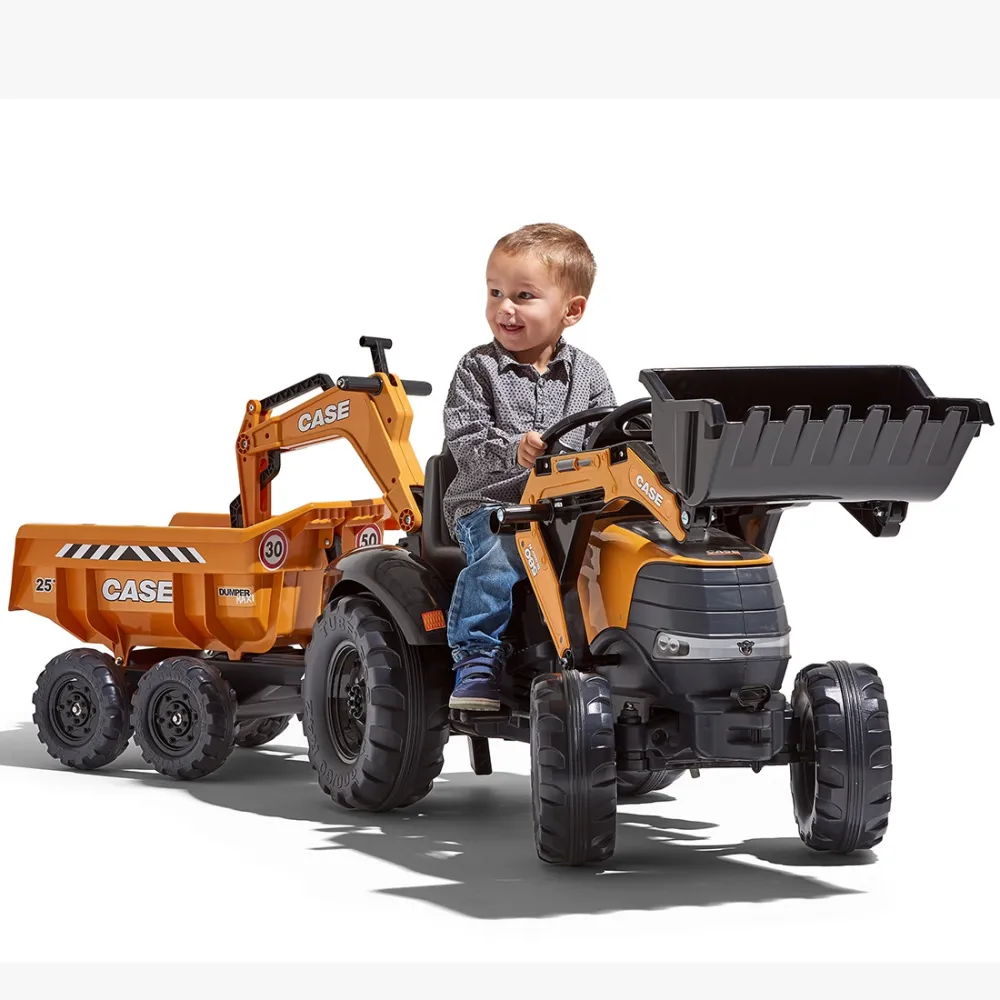 Pedalinis traktorius FALK Case IH ekskavatorius oranžinis su priekaba, judančiu kaušu nuo 3 metų-Judėjimui, Minami traktoriai ir