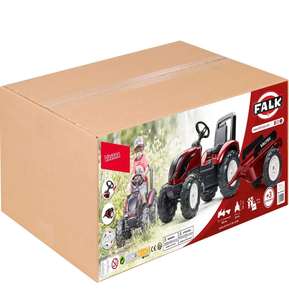 FALK Raudonasis Valtra S4 pedalinis traktorius su priekaba nuo 3 metų amžiaus-Judėjimui, Minami traktoriai ir jų priedai-e-vaika