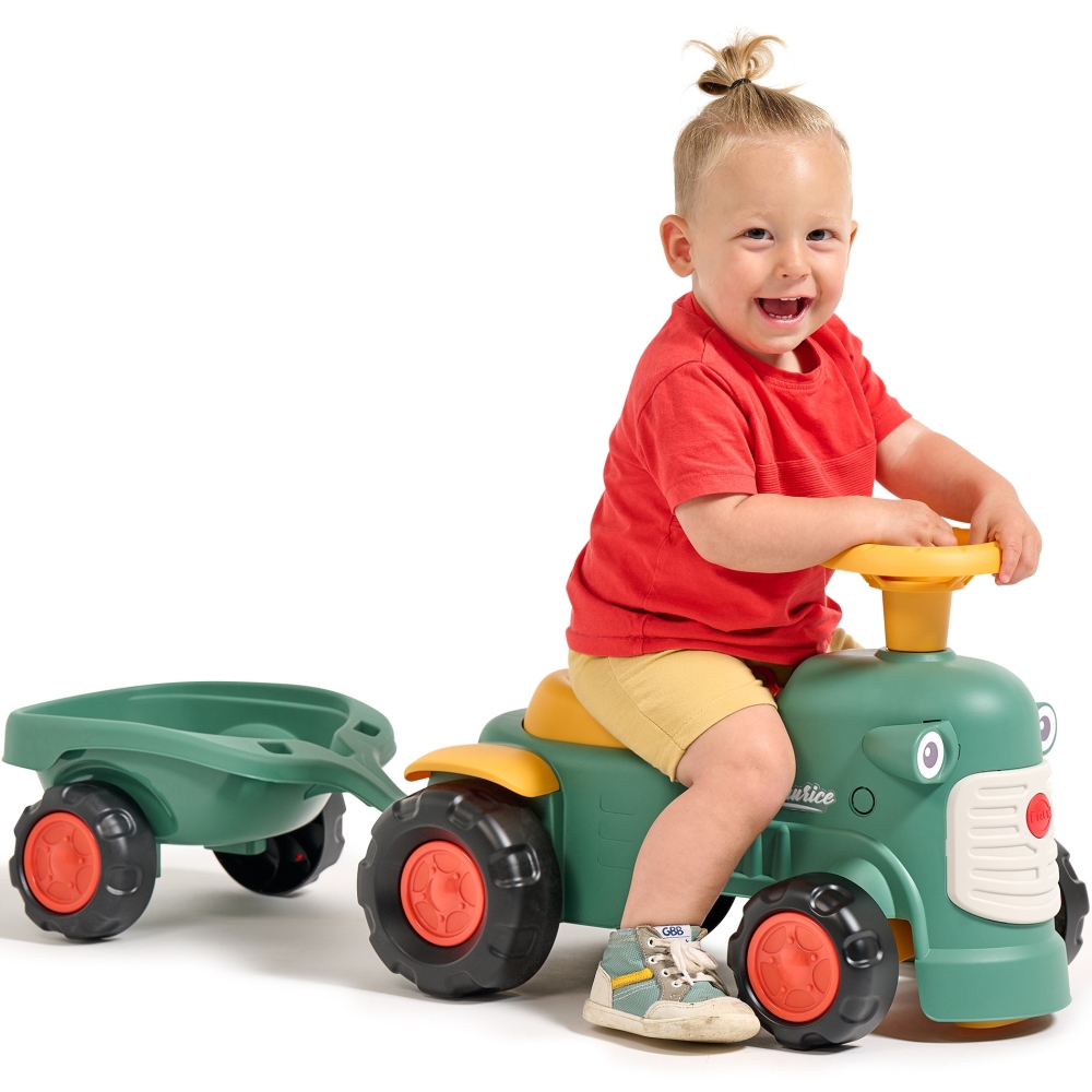 Paspiriamas senovinis traktorius su priekaba FALK Baby Maurice, žalias, 1–3 m.
