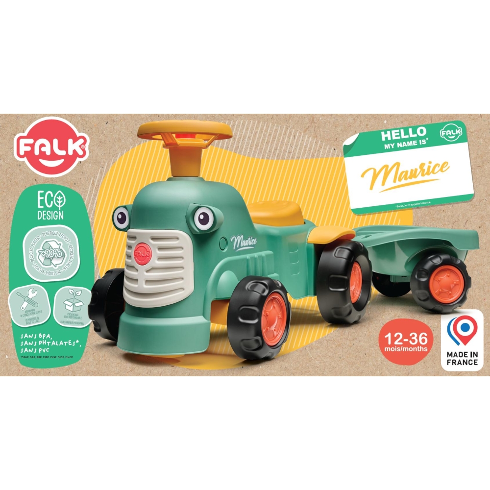 Paspiriamas senovinis traktorius su priekaba FALK Baby Maurice, žalias, 1–3 m.