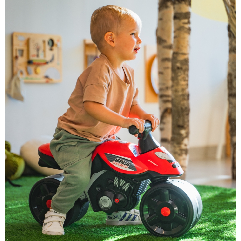 Paspiriamas motociklas FALK Rider Racing Raudonas platūs ratai nuo 2 metų-Judėjimui, Paspiriamosios mašinėlės ir jų priedai, Pas