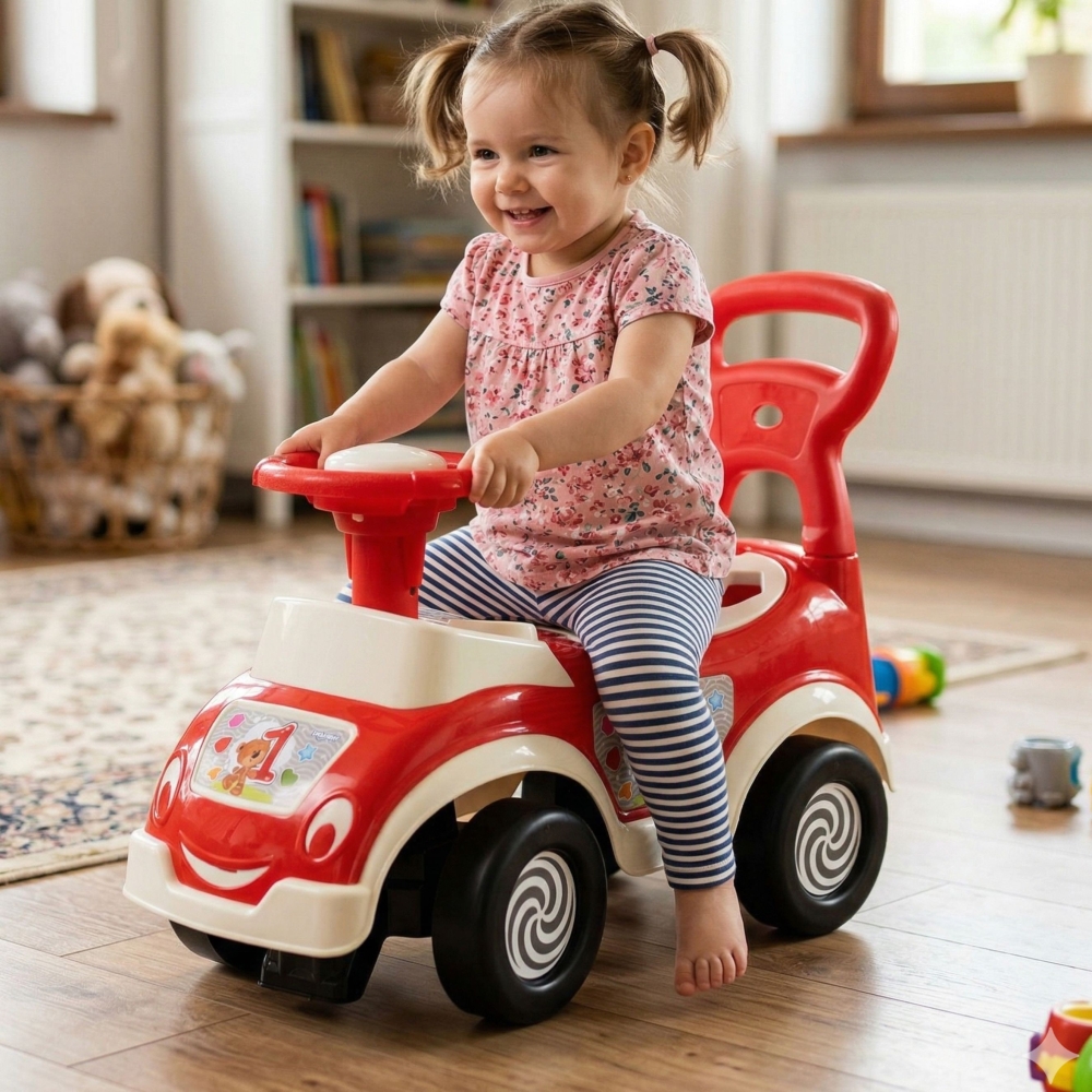 Daugiafunkcinė paspiriama mašinėlė WOOPIE 4-in-1 rūšiuoklis - stumdukas, garso signalas, daiktadėžė-Judėjimui, Paspiriamosios ma
