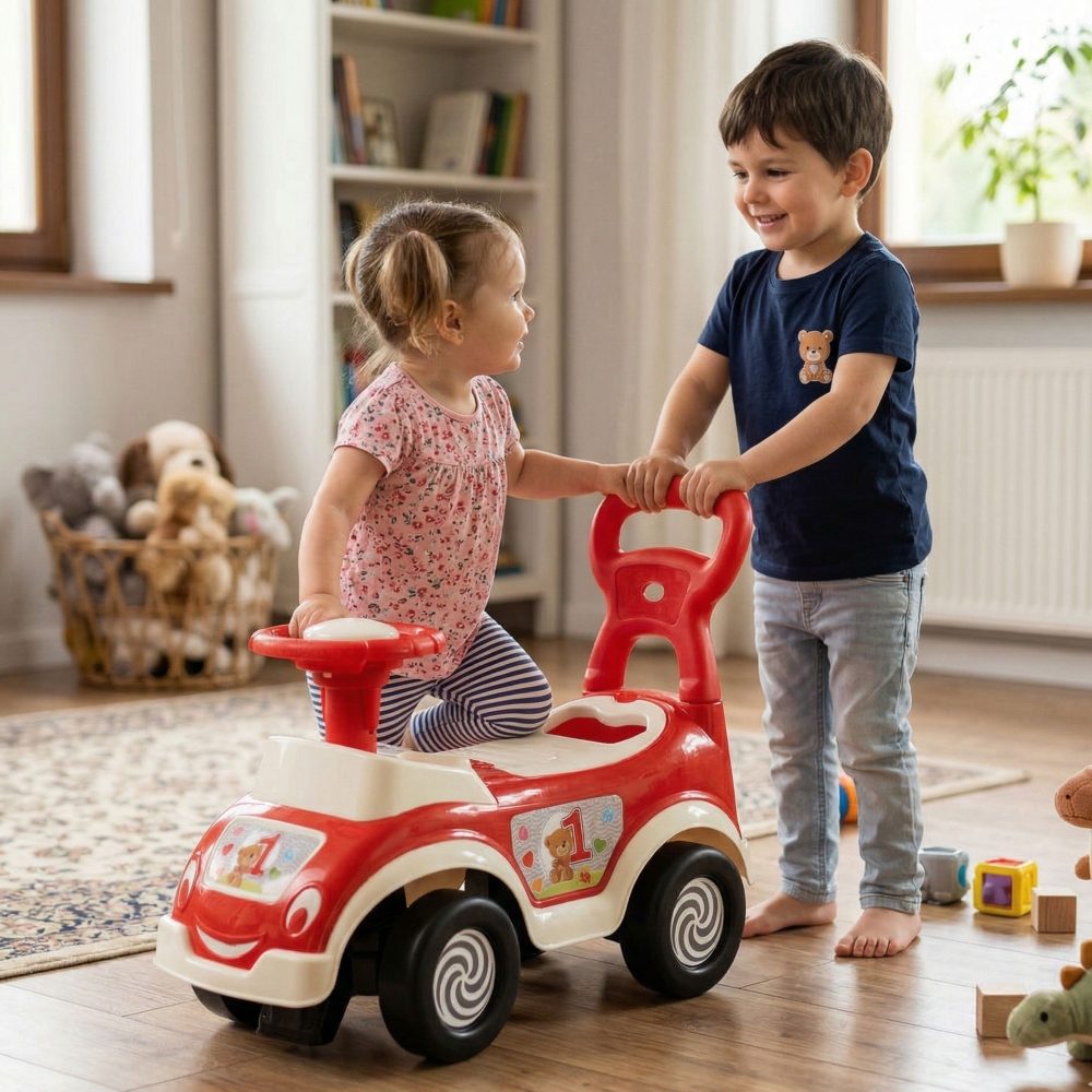 Daugiafunkcinė paspiriama mašinėlė WOOPIE 4-in-1 rūšiuoklis - stumdukas, garso signalas, daiktadėžė-Judėjimui, Paspiriamosios ma