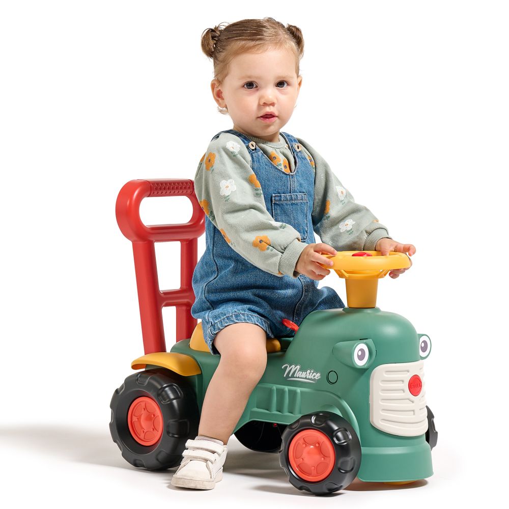 Paspiriamas traktorius - stumdukas FALK Maurice Ride-on Pushback nuo 1 metų Green-Judėjimui, Paspiriamosios mašinėlės ir jų prie