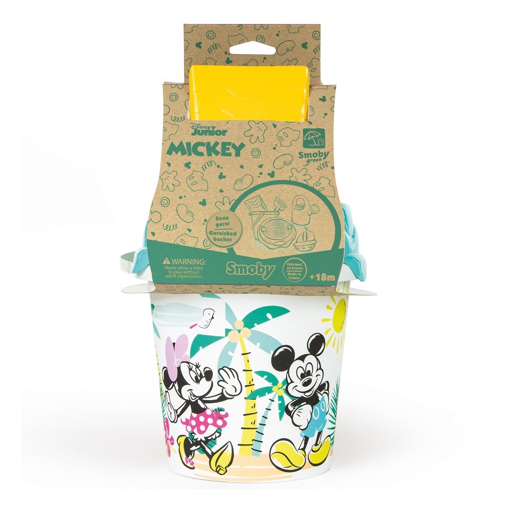 SMOBY Žalias Mickey Minnie Mouse kibirėlis su smėlio priedais ir bioplastiko laistytuvu