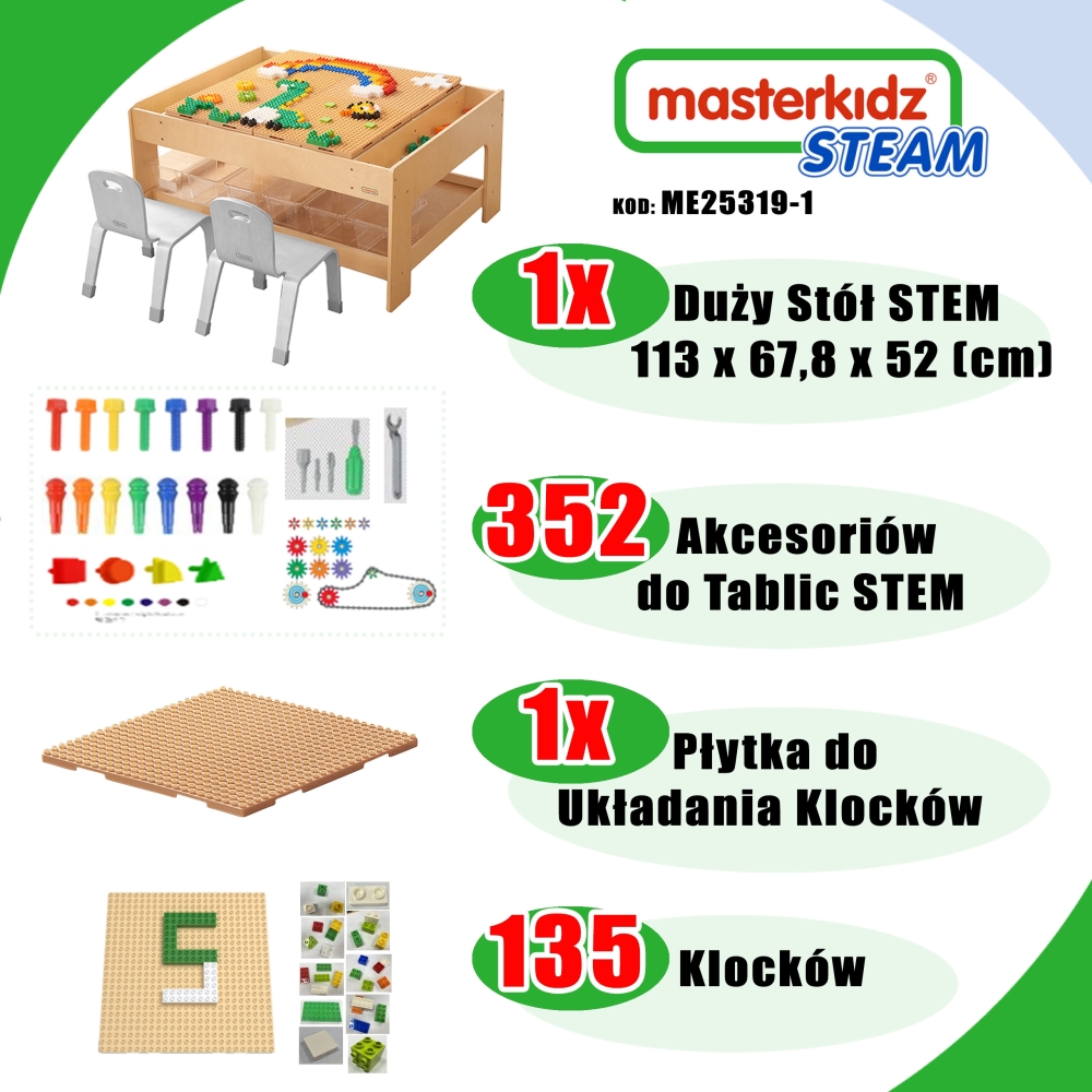 Medinis mokomasis stalas MASTERKIDZ + STEM SIENOS PRIEDAI + 135 plytos