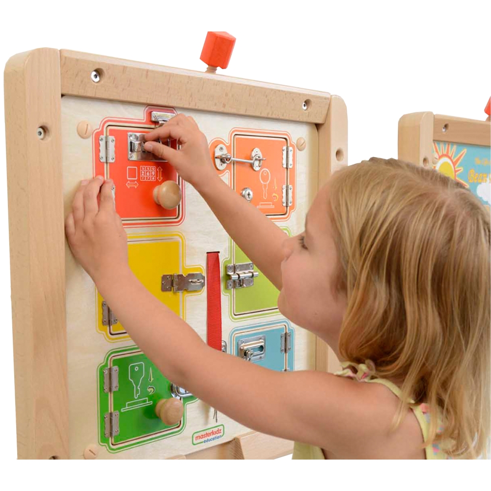 Sieninė edukacinė lenta MASTERKIDZ Mokymasis atidaryti ir uždaryti užraktus-Žaislai, Lavinamieji žaislai, Veiklos centrai-e-vaik