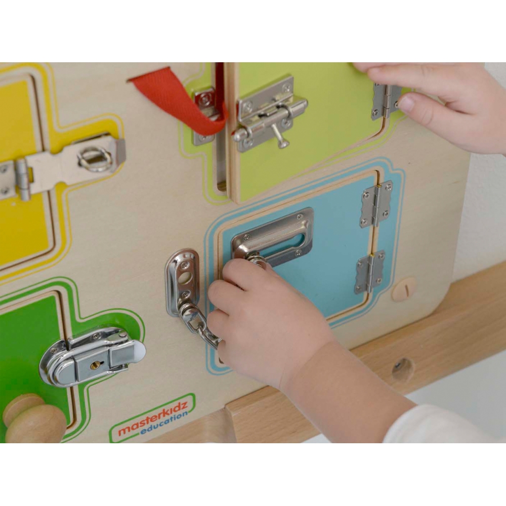 Sieninė edukacinė lenta MASTERKIDZ Mokymasis atidaryti ir uždaryti užraktus-Žaislai, Lavinamieji žaislai, Veiklos centrai-e-vaik