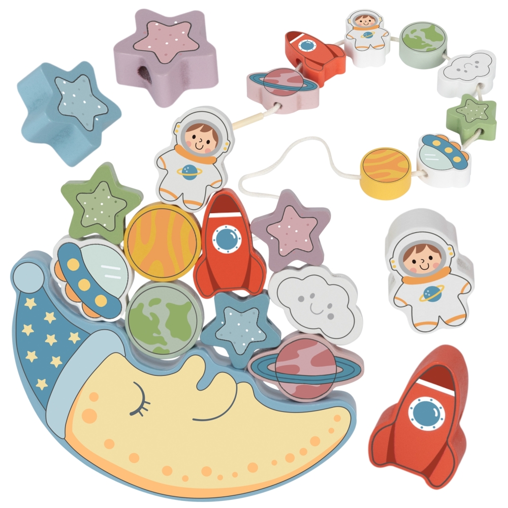 TOOKY TOY Kosminis miegantis mėnulis Balansuojanti dėlionė Montessori kosmosas Medinis sriegiklis
