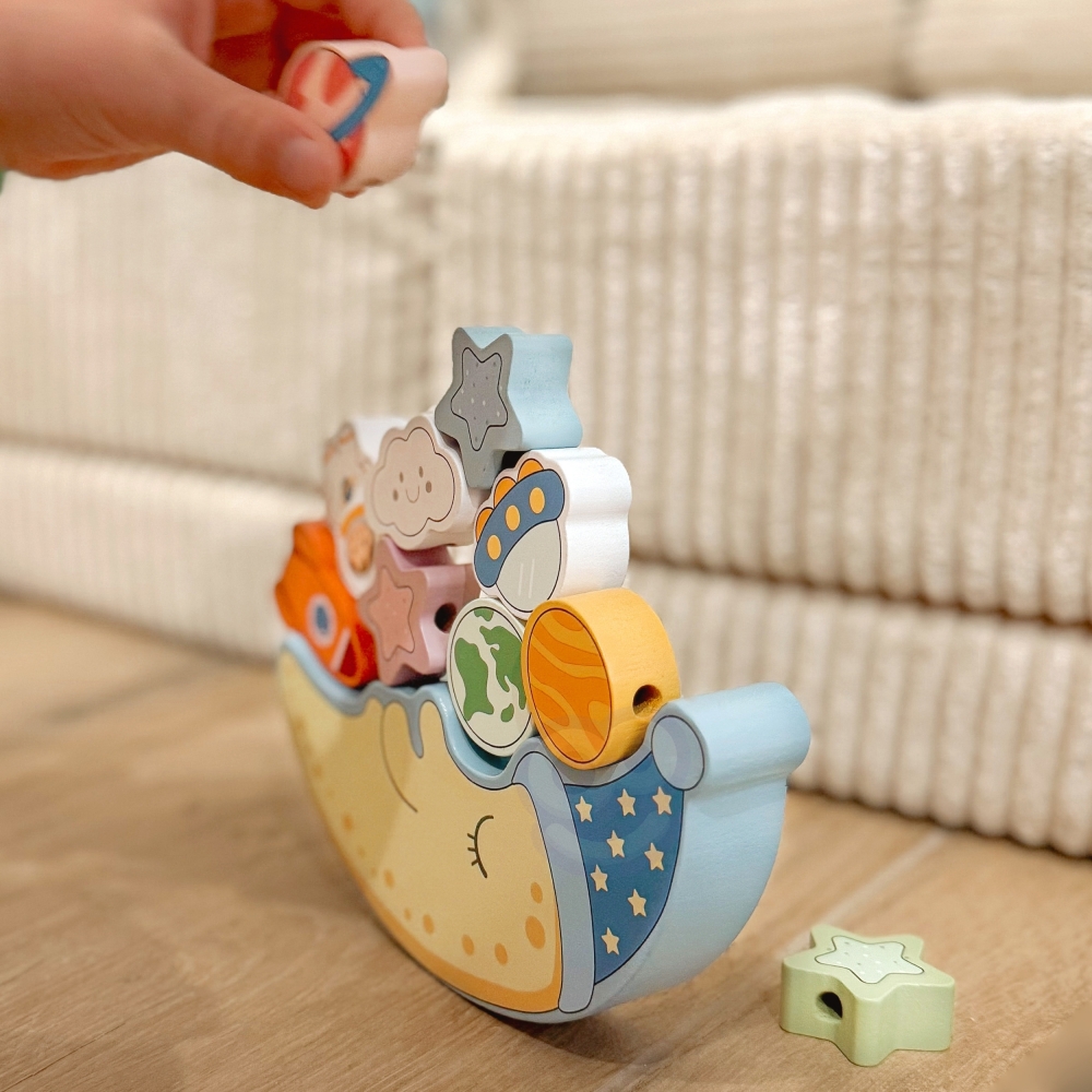 TOOKY TOY Kosminis miegantis mėnulis Balansuojanti dėlionė Montessori kosmosas Medinis sriegiklis