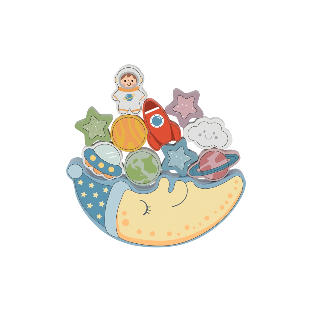 TOOKY TOY Kosminis miegantis mėnulis Balansuojanti dėlionė Montessori kosmosas Medinis sriegiklis