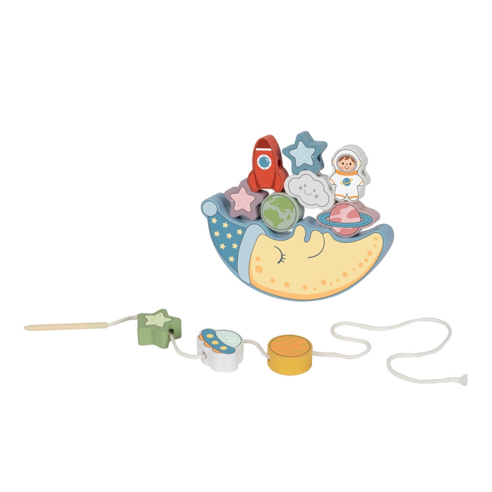 TOOKY TOY Kosminis miegantis mėnulis Balansuojanti dėlionė Montessori kosmosas Medinis sriegiklis