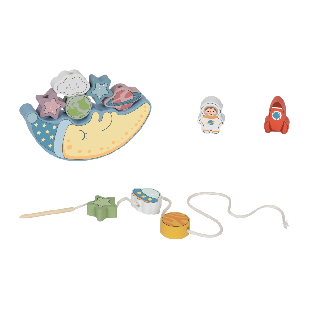 TOOKY TOY Kosminis miegantis mėnulis Balansuojanti dėlionė Montessori kosmosas Medinis sriegiklis