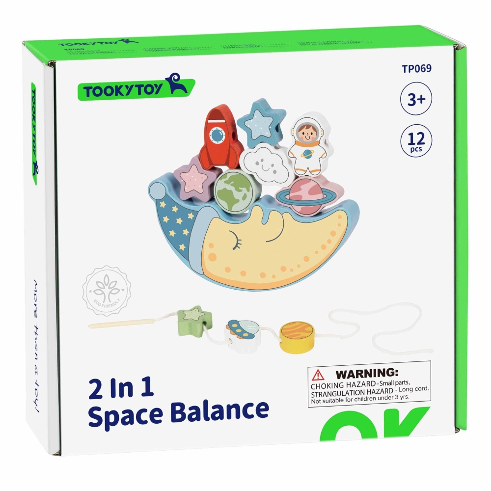 TOOKY TOY Kosminis miegantis mėnulis Balansuojanti dėlionė Montessori kosmosas Medinis sriegiklis