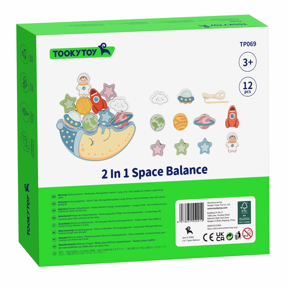 TOOKY TOY Kosminis miegantis mėnulis Balansuojanti dėlionė Montessori kosmosas Medinis sriegiklis